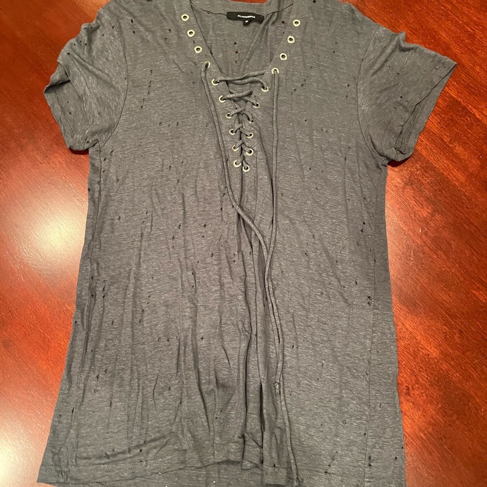 Olivaceous Gray Distressed Lace-Up Short Sleeve Tee
